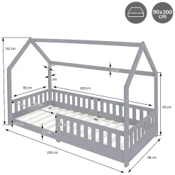 Ml-Design Lit d'enfant 90x200 cm gris clair en bois de pin massif style maison avec matelas H:10 cm*Enfant Lit Enfant