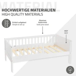 Lit d'enfant 70x140 cm simple blanc en bois de pin avec sommier à lattes sans matelas><noscript><img width=