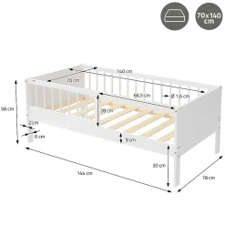 Lit d'enfant 70x140 cm simple blanc en bois de pin avec sommier à lattes sans matelas><noscript><img width=