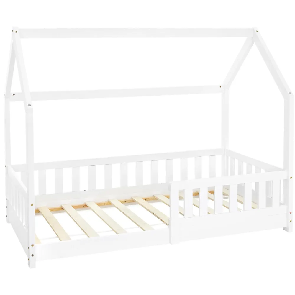 Lit d'enfant 160x80 cm blanc en bois de pin avec toit et sommier protection contre chutes>Ml-Design Clearance