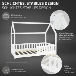 Lit d'enfant 160x80 cm blanc en bois de pin avec toit et sommier protection contre chutes><noscript><img width=
