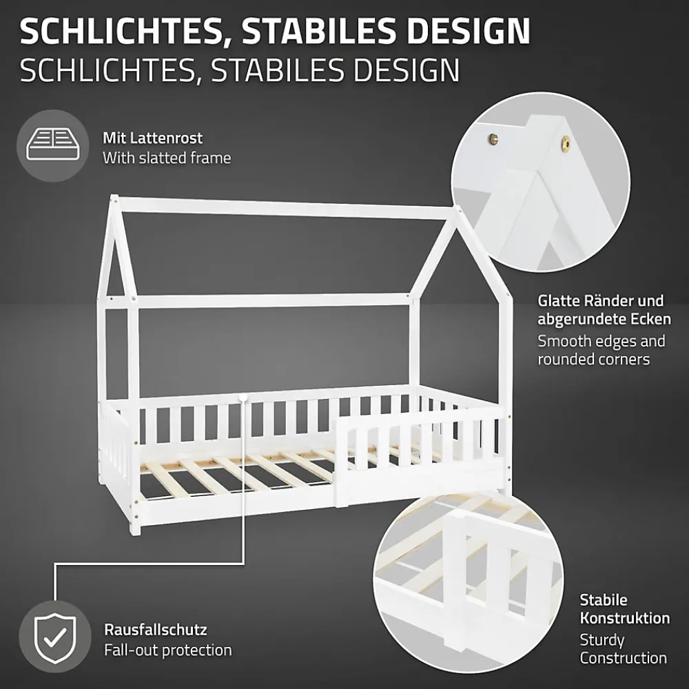 Lit d'enfant 160x80 cm blanc en bois de pin avec toit et sommier protection contre chutes>Ml-Design Clearance