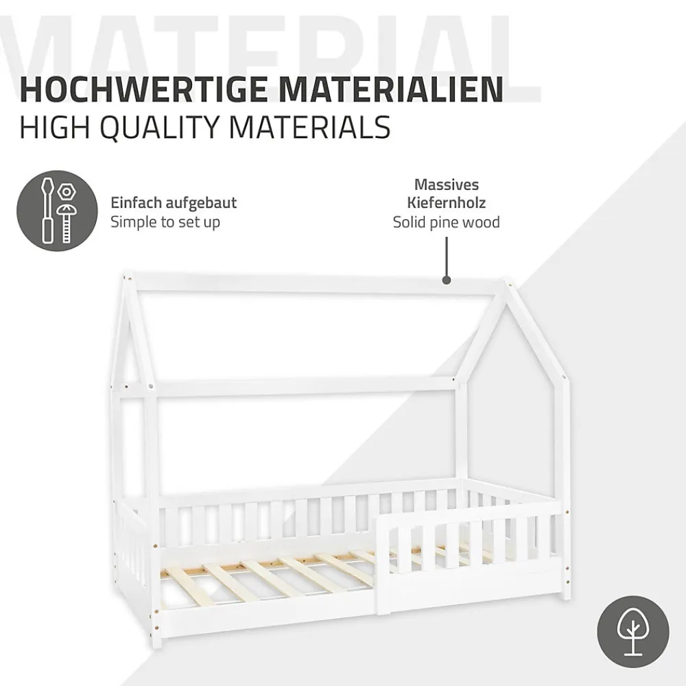 Lit d'enfant 160x80 cm blanc en bois de pin avec toit et sommier protection contre chutes>Ml-Design Clearance