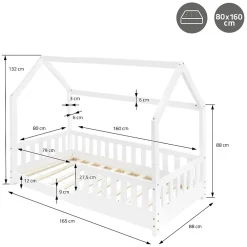 Lit d'enfant 160x80 cm blanc en bois de pin avec toit et sommier protection contre chutes><noscript><img width=