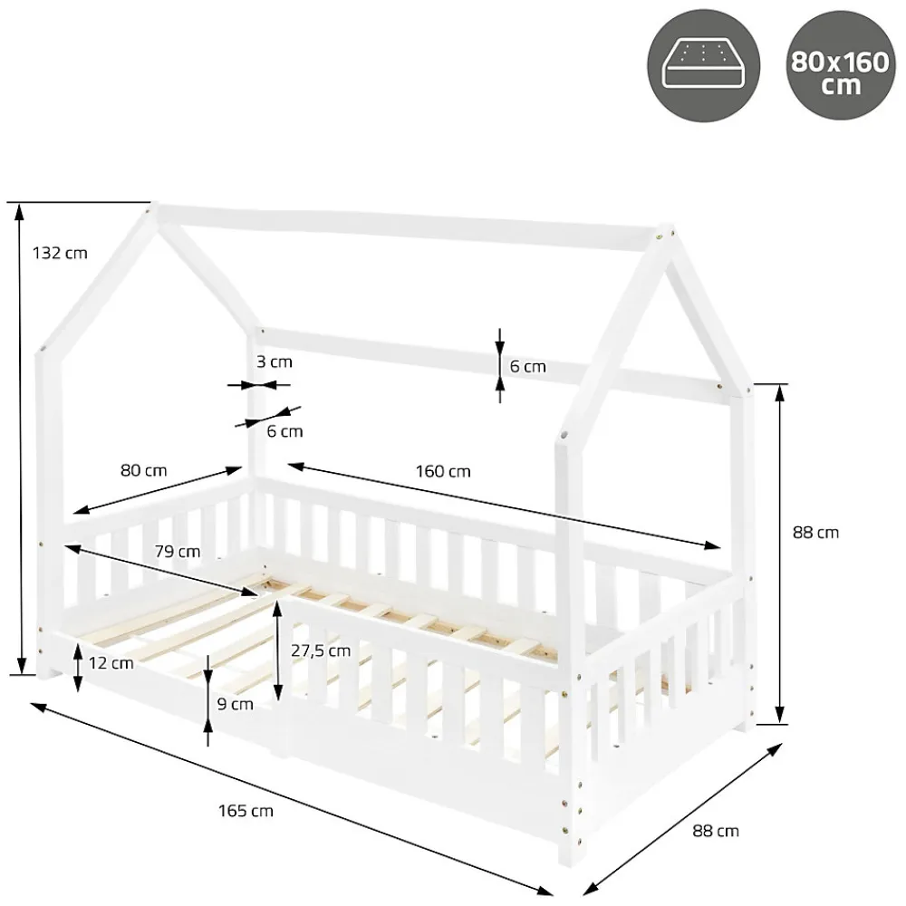 Lit d'enfant 160x80 cm blanc en bois de pin avec toit et sommier protection contre chutes>Ml-Design Clearance