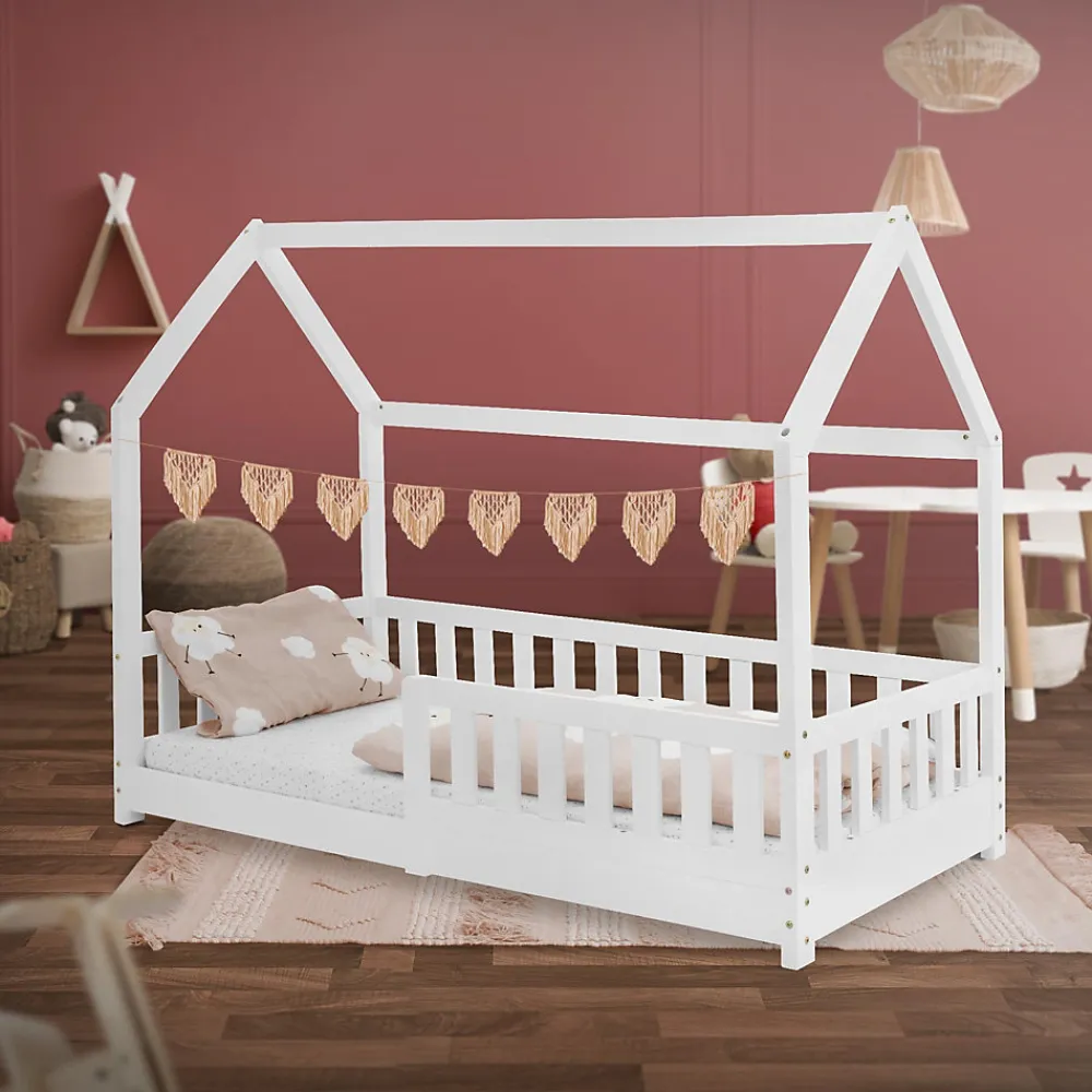 Lit d'enfant 160x80 cm blanc en bois de pin avec toit et sommier protection contre chutes>Ml-Design Clearance