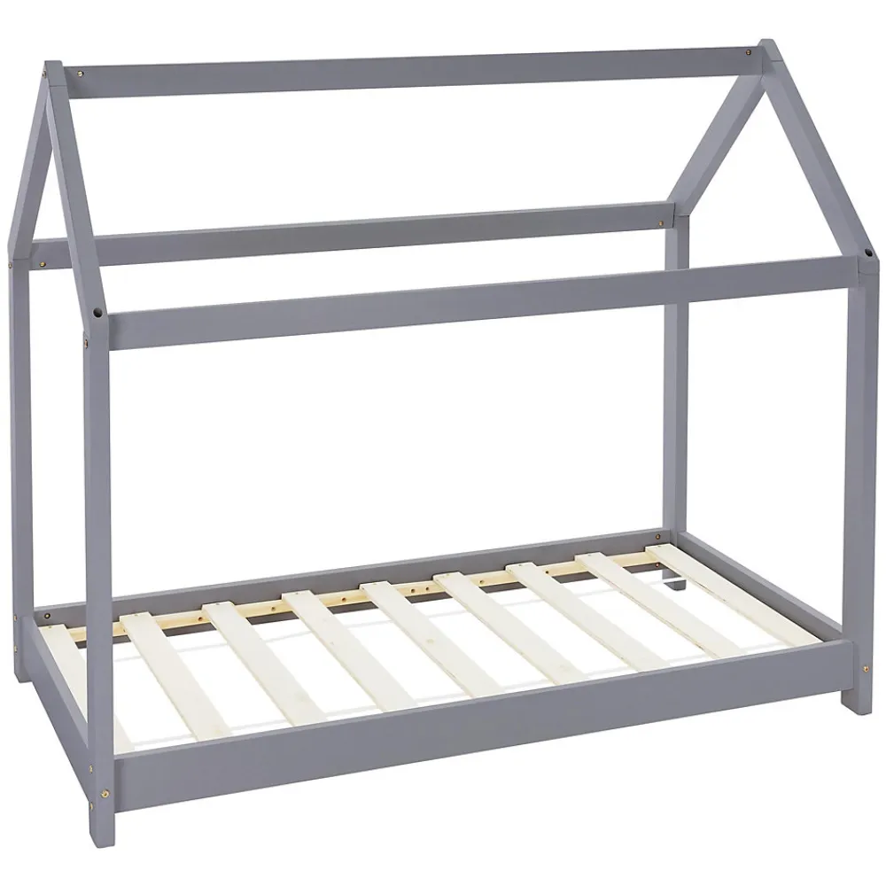 Lit d'enfant 70x140 cm gris clair bois de pin massif structure maison avec toit et sommier>Ml-Design Outlet
