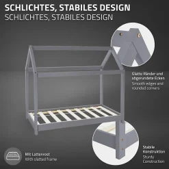 Lit d'enfant 70x140 cm gris clair bois de pin massif structure maison avec toit et sommier><noscript><img width=