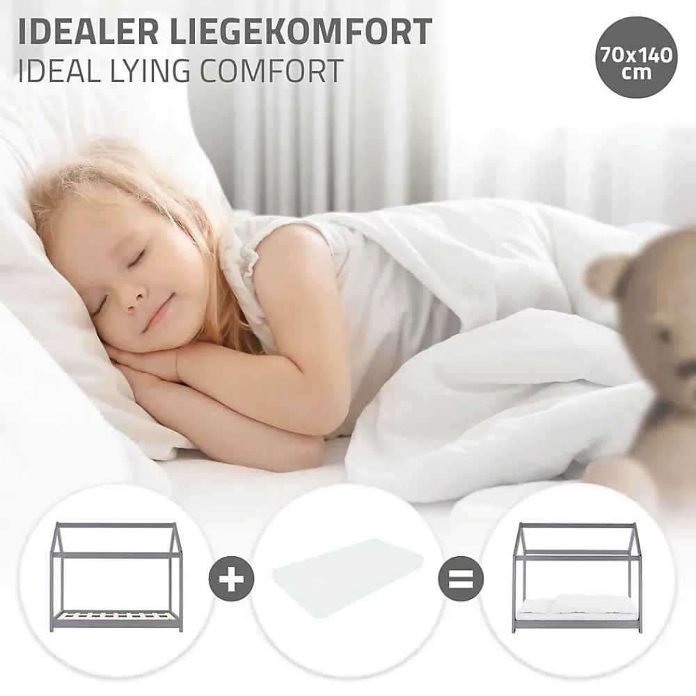 Lit d'enfant 70x140 cm gris clair bois de pin massif structure maison avec toit et sommier>Ml-Design Outlet