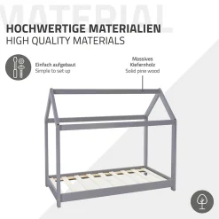 Lit d'enfant 70x140 cm gris clair bois de pin massif structure maison avec toit et sommier><noscript><img width=