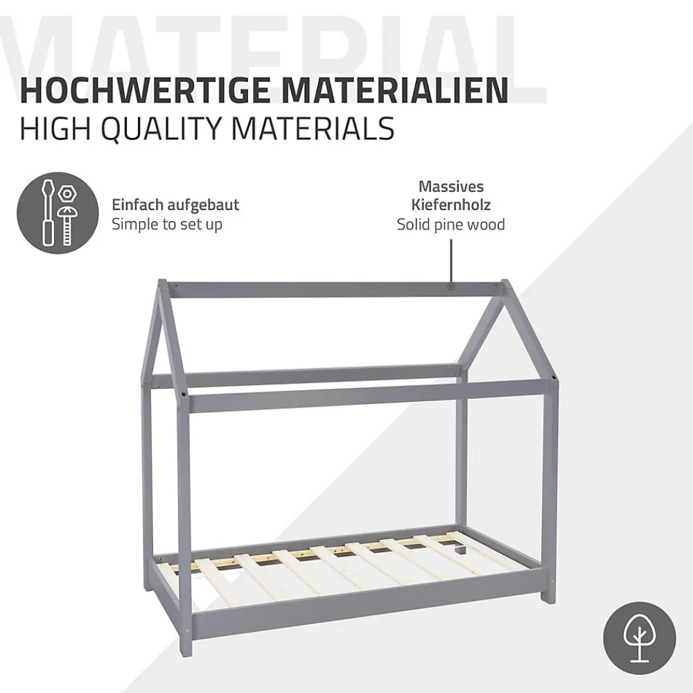 Lit d'enfant 70x140 cm gris clair bois de pin massif structure maison avec toit et sommier>Ml-Design Outlet