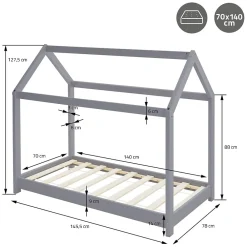 Lit d'enfant 70x140 cm gris clair bois de pin massif structure maison avec toit et sommier><noscript><img width=