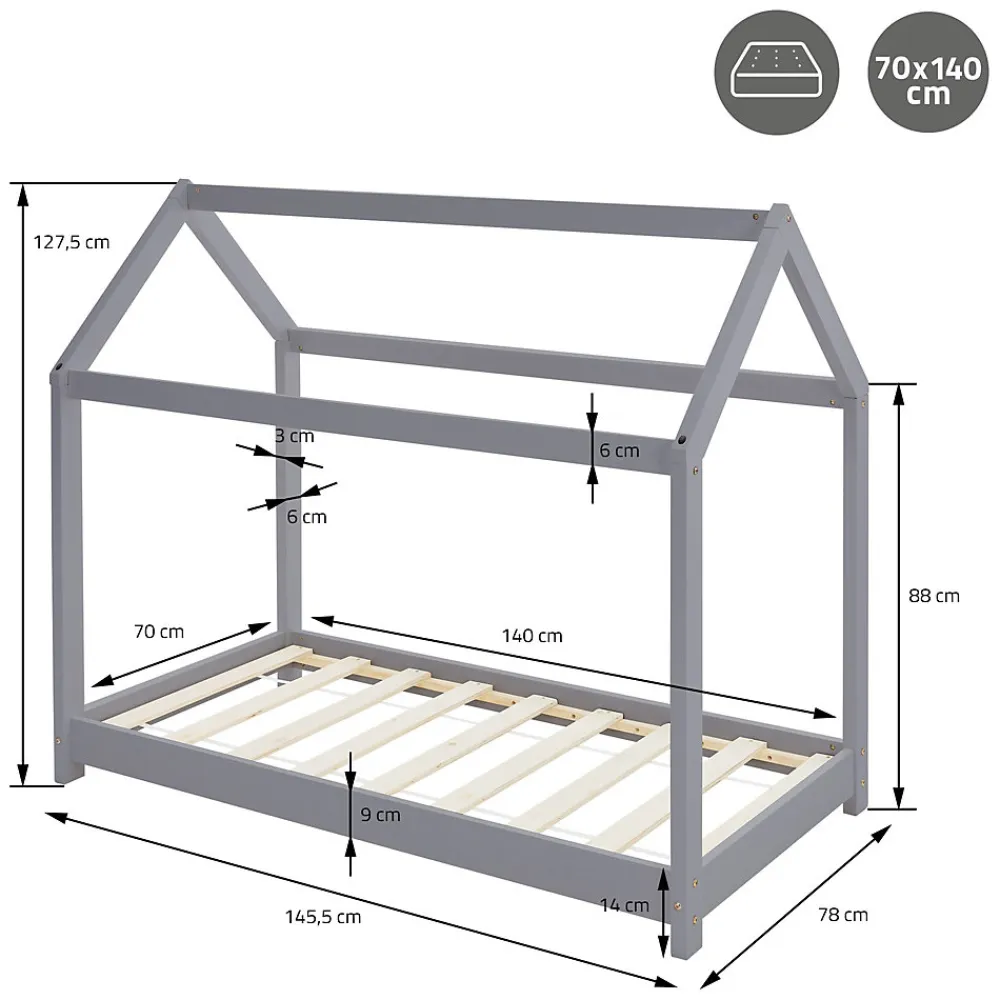 Lit d'enfant 70x140 cm gris clair bois de pin massif structure maison avec toit et sommier>Ml-Design Outlet