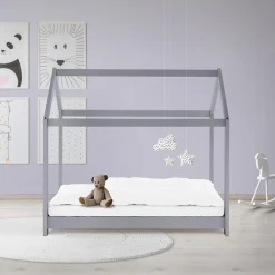 Lit d'enfant 70x140 cm gris clair bois de pin massif structure maison avec toit et sommier><noscript><img width=