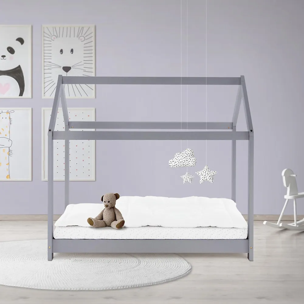 Lit d'enfant 70x140 cm gris clair bois de pin massif structure maison avec toit et sommier>Ml-Design Outlet