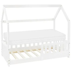 Lit d'enfant 70x140 cm blanc en bois de pin massif style maison avec sommier et matelas>Ml-Design Outlet