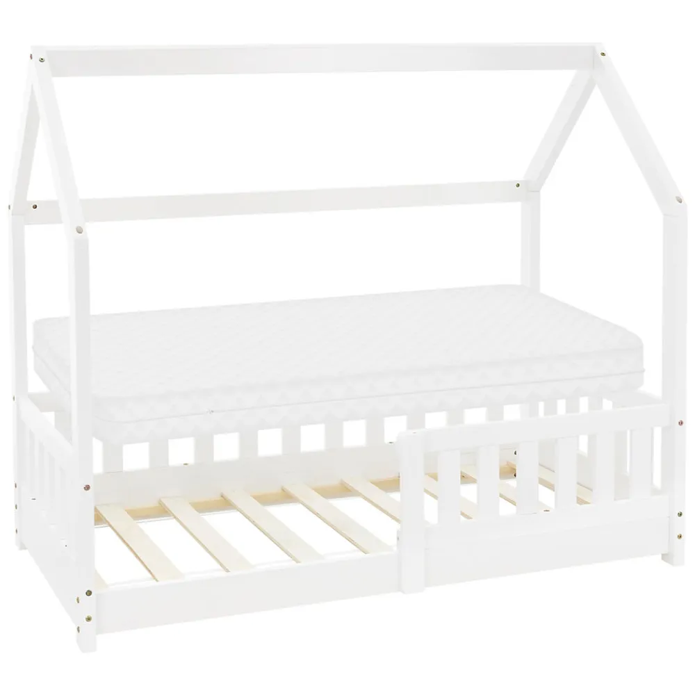 Lit d'enfant 70x140 cm blanc en bois de pin massif style maison avec sommier et matelas>Ml-Design Outlet