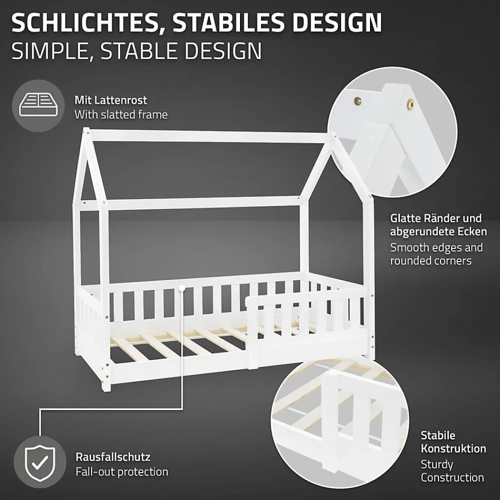 Lit d'enfant 70x140 cm blanc en bois de pin massif style maison avec sommier et matelas>Ml-Design Outlet