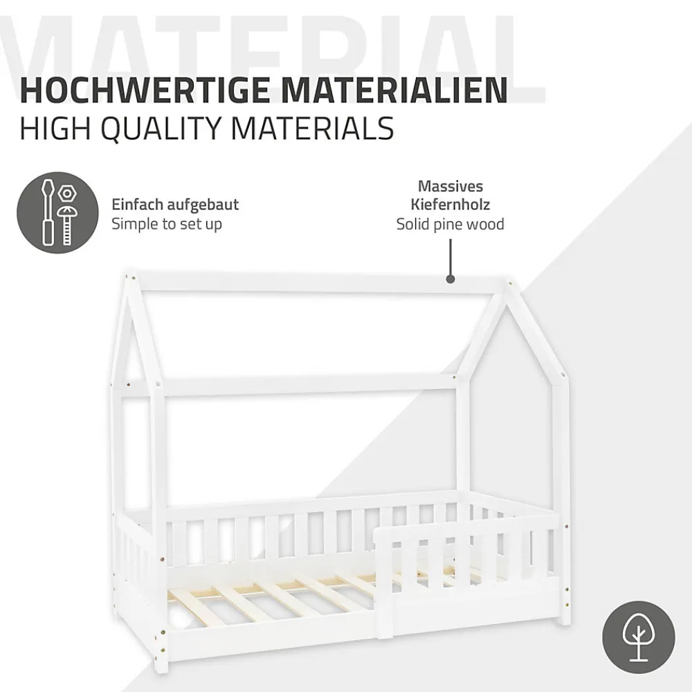 Lit d'enfant 70x140 cm blanc en bois de pin massif style maison avec sommier et matelas>Ml-Design Outlet