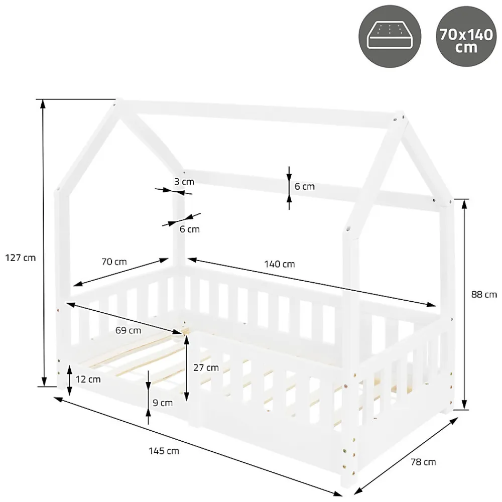 Lit d'enfant 70x140 cm blanc en bois de pin massif style maison avec sommier et matelas>Ml-Design Outlet