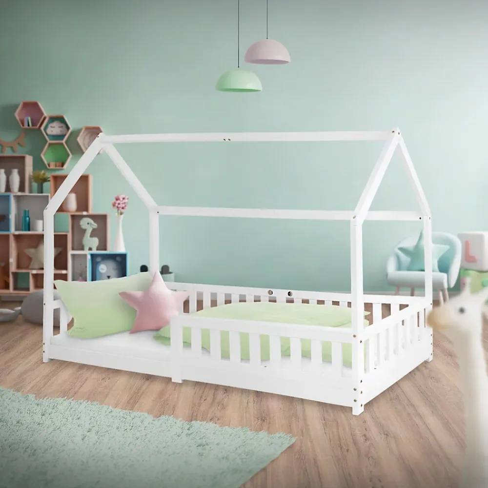 Ml-Design Lit d'enfant 90x200 cm blanc en bois de pin avec toit et sommier protection contre chutes*Enfant Lit Enfant