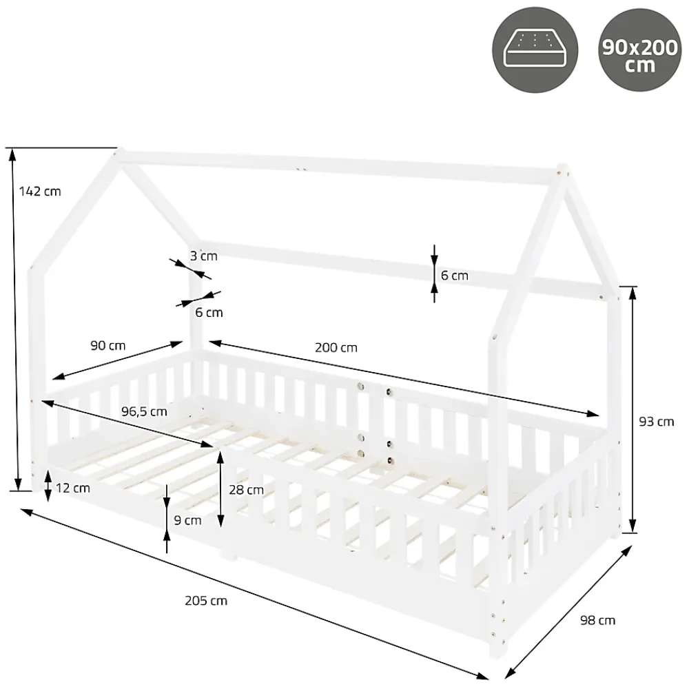 Ml-Design Lit d'enfant 90x200 cm blanc en bois de pin avec toit et sommier protection contre chutes*Enfant Lit Enfant