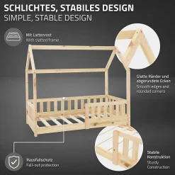 Lit d'enfant 70x140 cm naturel en bois de pin massif style maison avec sommier et matelas><noscript><img width=
