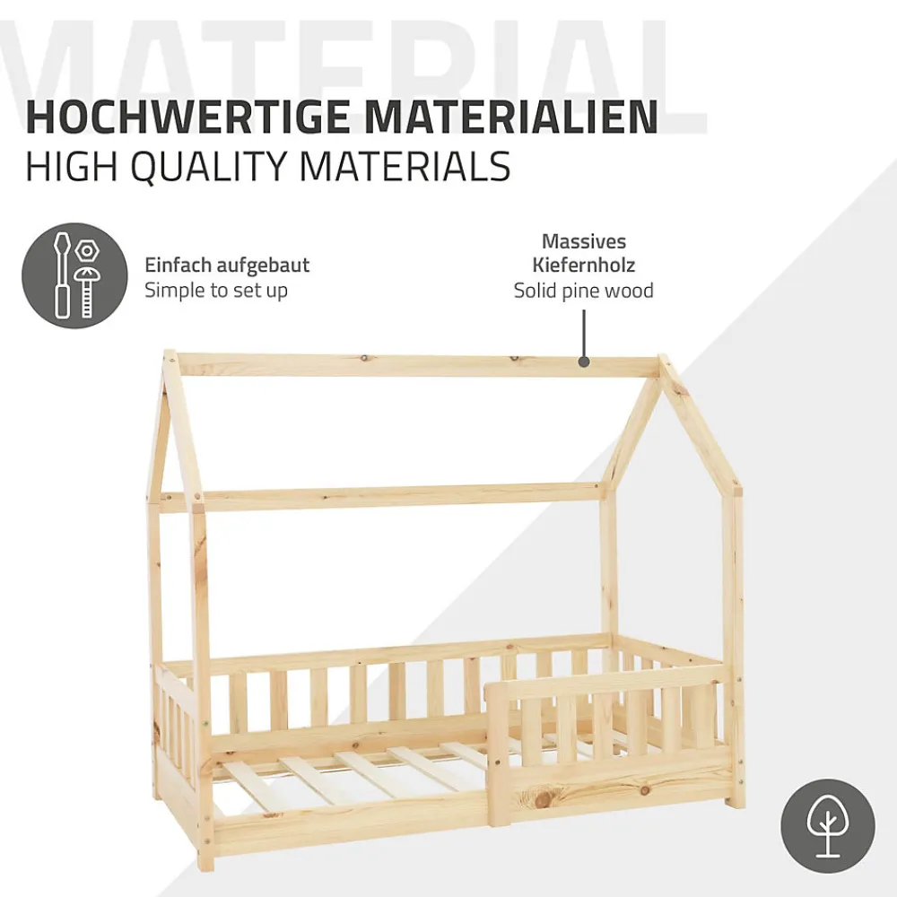 Lit d'enfant 70x140 cm naturel en bois de pin massif style maison avec sommier et matelas>Ml-Design Hot
