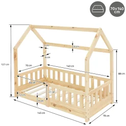 Lit d'enfant 70x140 cm naturel en bois de pin massif style maison avec sommier et matelas><noscript><img width=