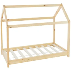 Lit d'enfant 70x140 cm naturel en bois de pin massif structure maison avec toit et sommier>Ml-Design Clearance