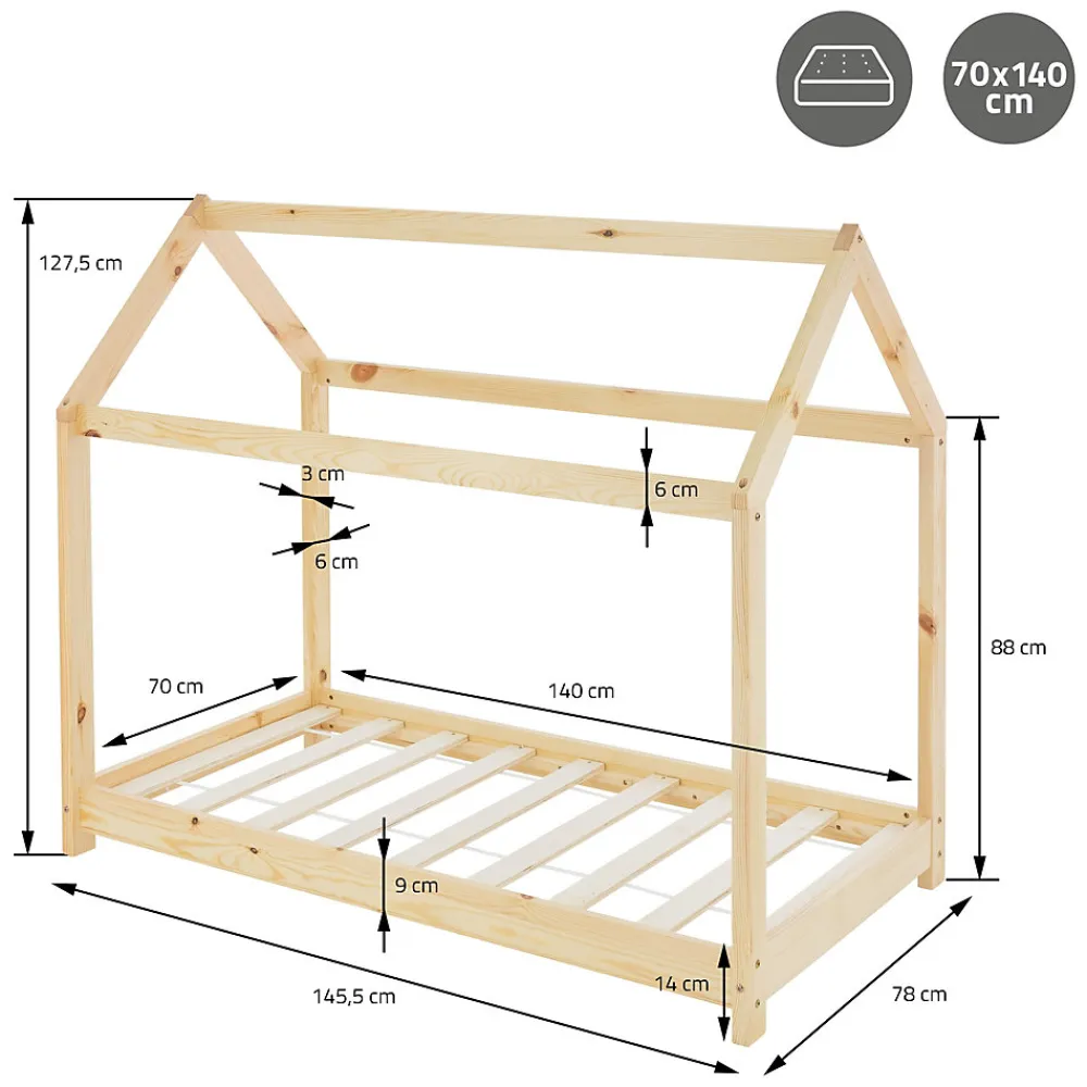 Lit d'enfant 70x140 cm naturel en bois de pin massif structure maison avec toit et sommier>Ml-Design Clearance