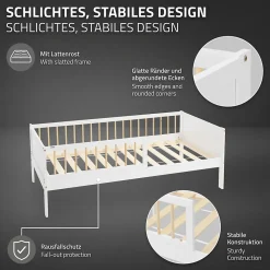 Lit d'enfant 80x160 cm blanc-naturel en bois de pin avec sommier à lattes sans matelas><noscript><img width=