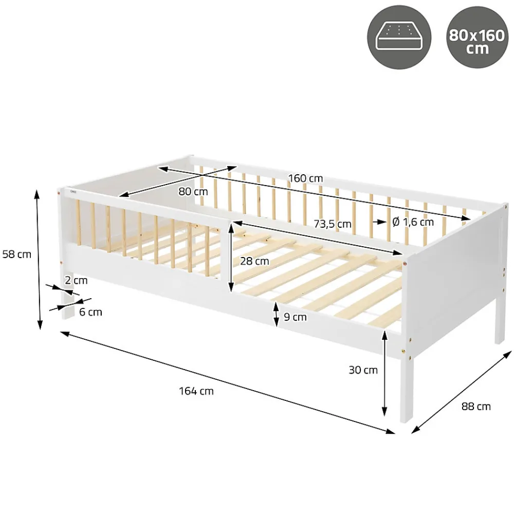 Lit d'enfant 80x160 cm blanc-naturel en bois de pin avec sommier à lattes sans matelas>Ml-Design Hot