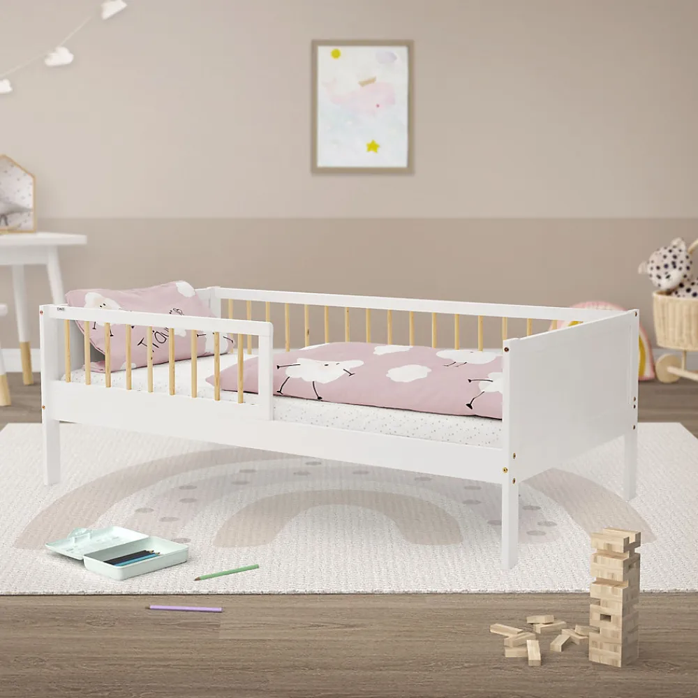 Lit d'enfant 80x160 cm blanc-naturel en bois de pin avec sommier à lattes sans matelas>Ml-Design Hot