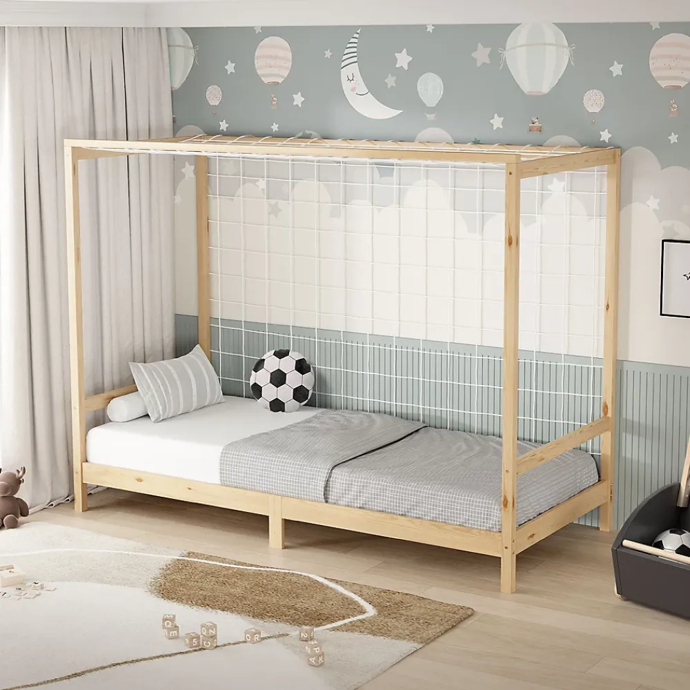 Ml-Design Lit d'enfant 90x200 cm naturel beige bois de pin avec but de football et sommier à lattes*Enfant Lit Enfant