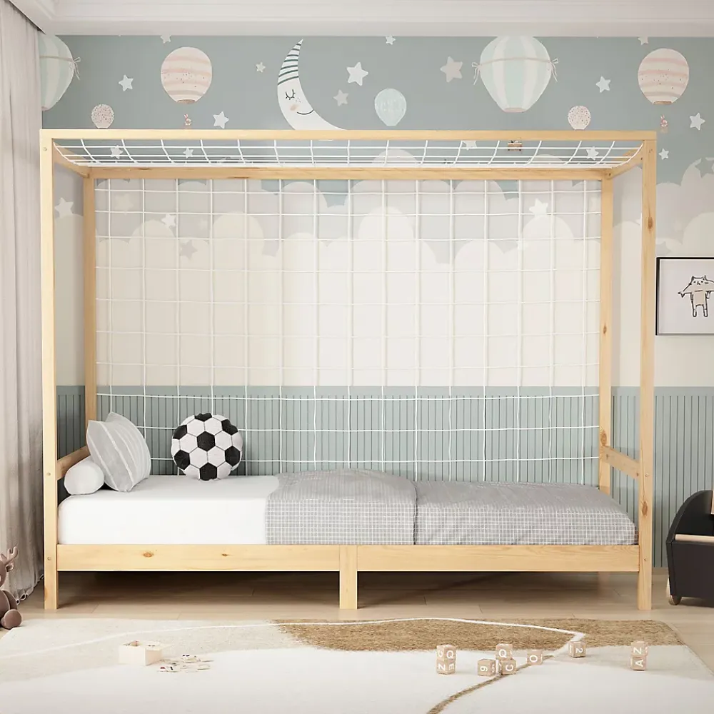 Ml-Design Lit d'enfant 90x200 cm naturel beige bois de pin avec but de football et sommier à lattes*Enfant Lit Enfant