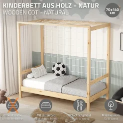 Lit d'enfant 70x140 cm naturel beige bois de pin avec but de football et sommier à lattes>Ml-Design Outlet