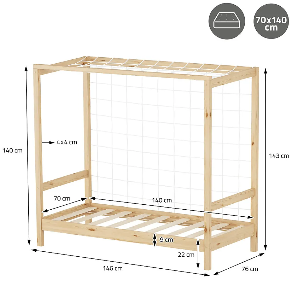 Lit d'enfant 70x140 cm naturel beige bois de pin avec but de football et sommier à lattes>Ml-Design Outlet