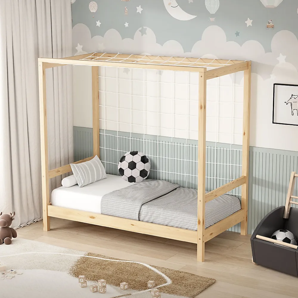 Lit d'enfant 70x140 cm naturel beige bois de pin avec but de football et sommier à lattes>Ml-Design Outlet