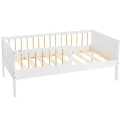 Lit d'enfant 70x140 cm blanc-naturel en bois de pin avec sommier à lattes sans matelas>Ml-Design Discount