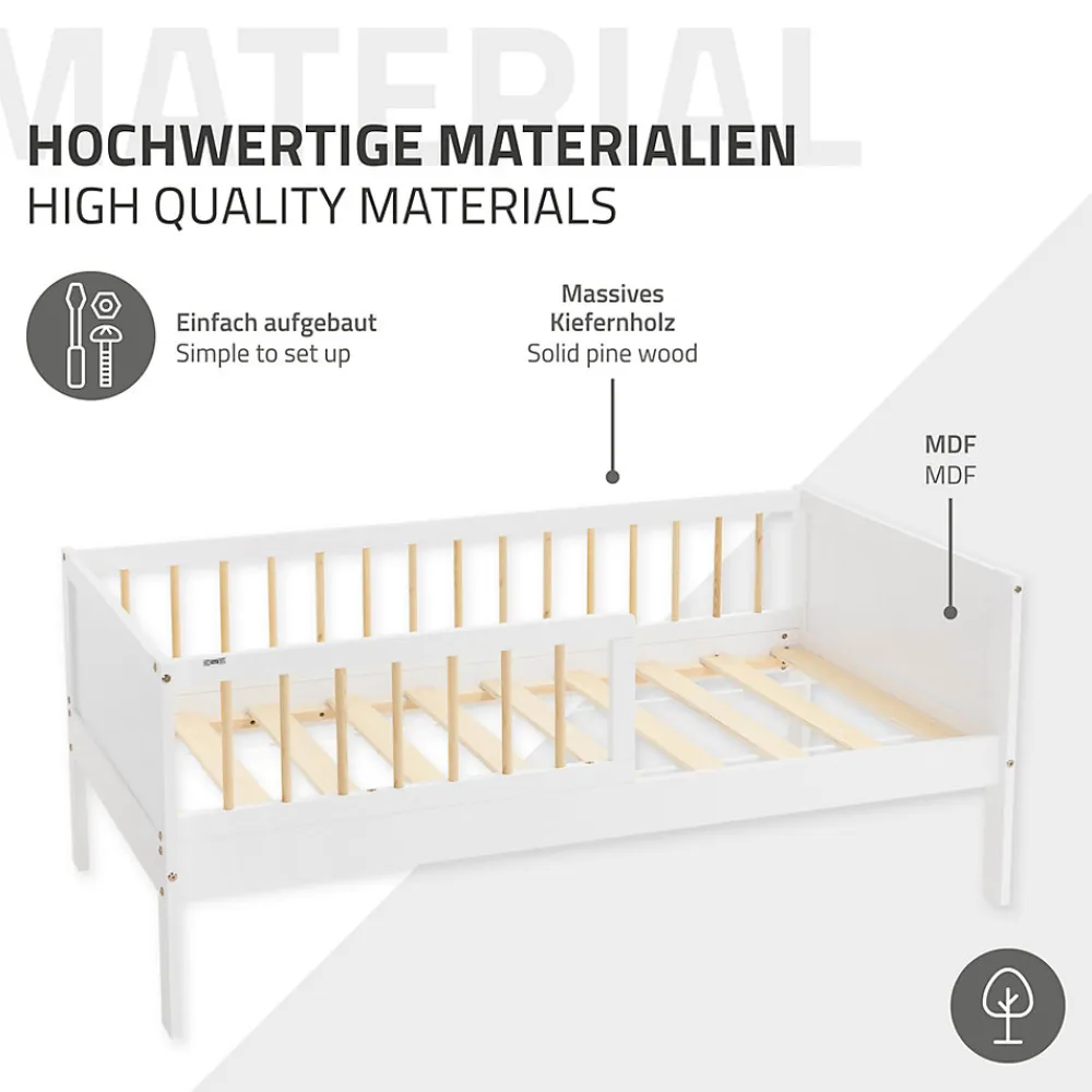 Lit d'enfant 70x140 cm blanc-naturel en bois de pin avec sommier à lattes sans matelas>Ml-Design Discount