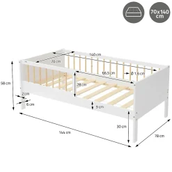 Lit d'enfant 70x140 cm blanc-naturel en bois de pin avec sommier à lattes sans matelas><noscript><img width=