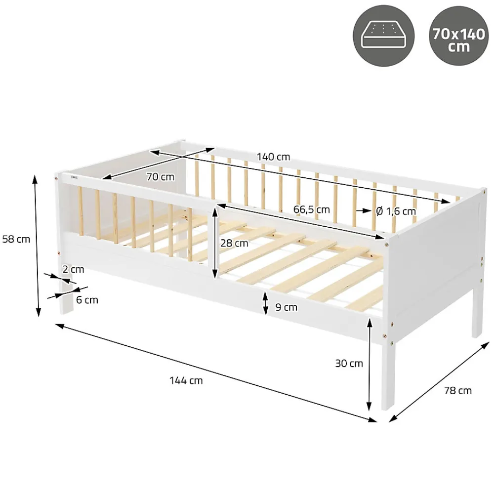 Lit d'enfant 70x140 cm blanc-naturel en bois de pin avec sommier à lattes sans matelas>Ml-Design Discount