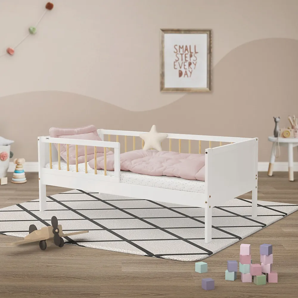 Lit d'enfant 70x140 cm blanc-naturel en bois de pin avec sommier à lattes sans matelas>Ml-Design Discount