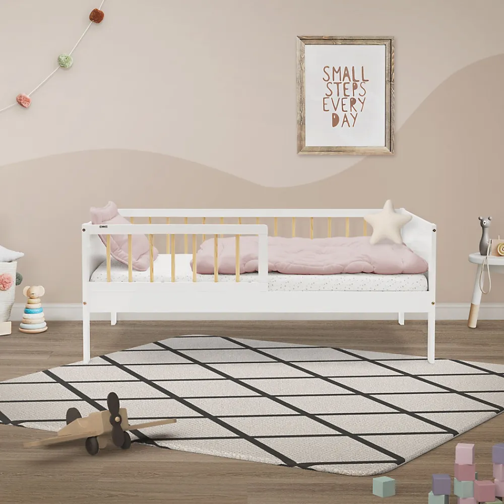 Lit d'enfant 70x140 cm blanc-naturel en bois de pin avec sommier à lattes sans matelas>Ml-Design Discount