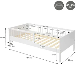 Lit d'enfant 80x160 cm simple blanc en bois de pin avec sommier à lattes sans matelas><noscript><img width=