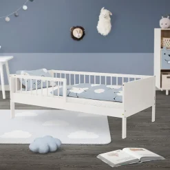 Lit d'enfant 80x160 cm simple blanc en bois de pin avec sommier à lattes sans matelas><noscript><img width=