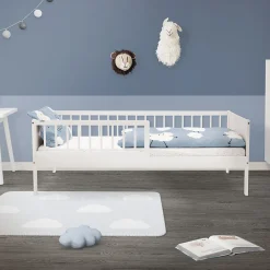 Lit d'enfant 80x160 cm simple blanc en bois de pin avec sommier à lattes sans matelas><noscript><img width=