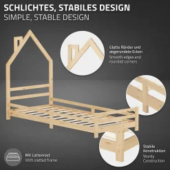 Lit d'enfant 90x200 cm naturel forme maison bois de pin avec sommier à lattes sans matelas><noscript><img width=
