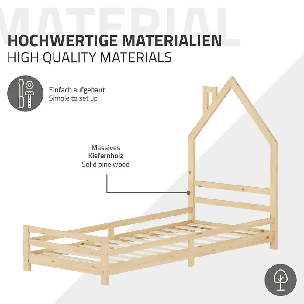 Lit d'enfant 90x200 cm naturel forme maison bois de pin avec sommier à lattes sans matelas>Ml-Design Best